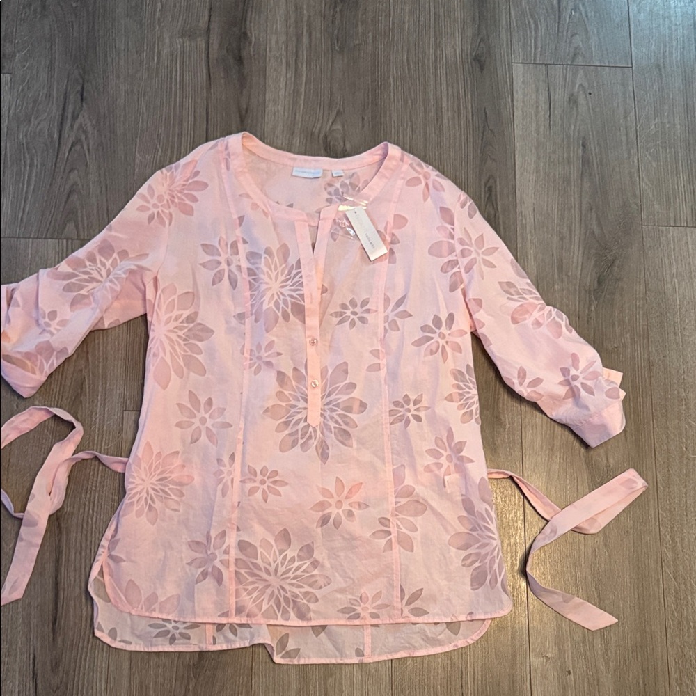 New York & Company Light Pink Floral Tie-Sleeve Tunic
